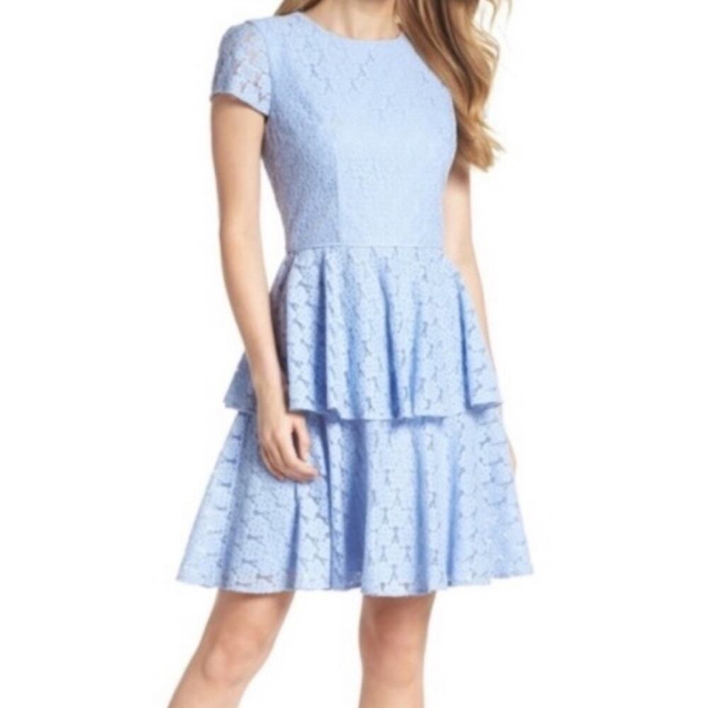 Gal Meets Glam Women’s Daisy Cap Sleeve Lace Tiered Oxford Blue Midi Dress Sz 18